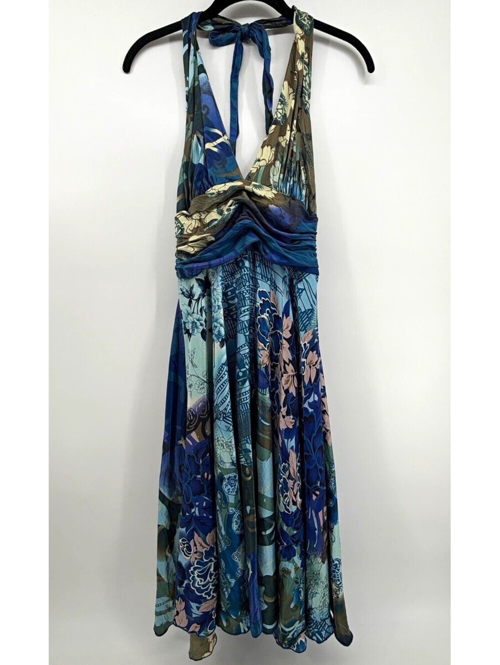 Luxe by Cache Blue Brown Floral Silk Halter Sleeveless A-Line Dress Size M